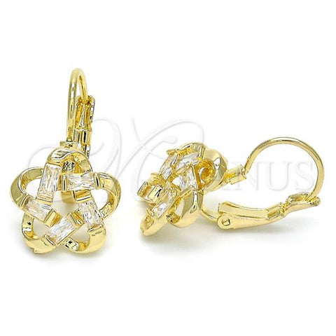 Oro Laminado Leverback Earring, Gold Filled Style Flower Design, with White Cubic Zirconia, Polished, Golden Finish, 02.210.0214