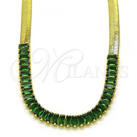 Oro Laminado Fancy Necklace, Gold Filled Style Baguette Design, with Green Cubic Zirconia, Polished, Golden Finish, 04.341.0097.8.13