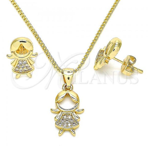 Oro Laminado Earring and Pendant Adult Set, Gold Filled Style Little Girl Design, with White Micro Pave, Polished, Golden Finish, 10.156.0223
