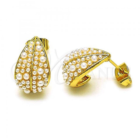 Oro Laminado Stud Earring, Gold Filled Style Leaf Design, with Ivory Pearl, Polished, Golden Finish, 02.379.0057