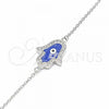 Sterling Silver Fancy Bracelet, Hand of God and Evil Eye Design, with White Micro Pave, Blue Enamel Finish, Rhodium Finish, 03.336.0072.07