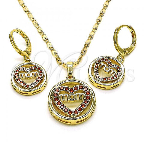 Oro Laminado Earring and Pendant Adult Set, Gold Filled Style Mom and Heart Design, with Garnet Cubic Zirconia, Polished, Golden Finish, 10.196.0065