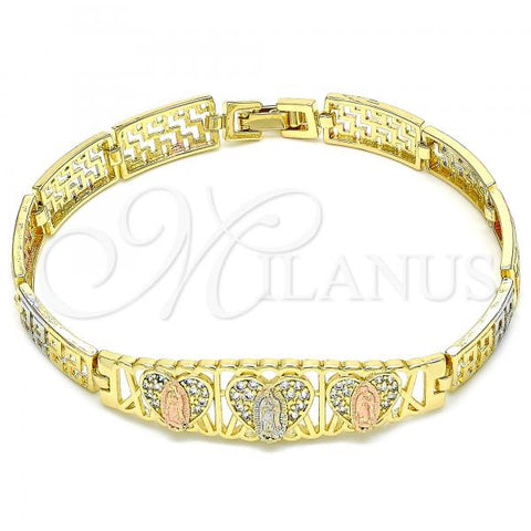 Oro Laminado Fancy Bracelet, Gold Filled Style Guadalupe and Heart Design, with White Micro Pave, Polished, Tricolor, 03.380.0013.08