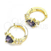 Oro Laminado Huggie Hoop, Gold Filled Style Heart Design, with Amethyst and White Cubic Zirconia, Polished, Golden Finish, 02.210.0647.3.15