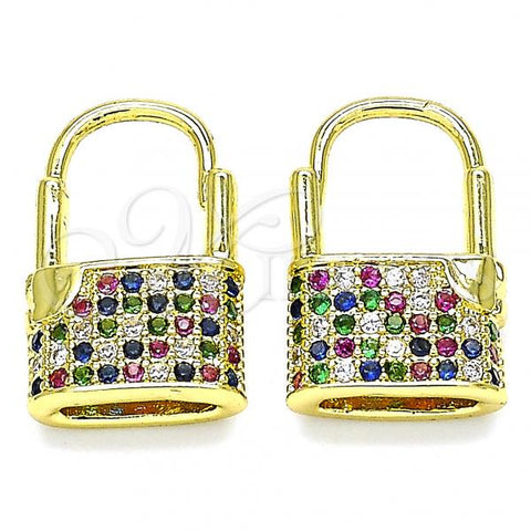 Oro Laminado Small Hoop, Gold Filled Style Lock Design, with Multicolor Micro Pave, Polished, Golden Finish, 02.341.0057.1.12