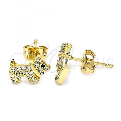 Oro Laminado Stud Earring, Gold Filled Style Dog Design, with White and Black Micro Pave, Polished, Golden Finish, 02.342.0151