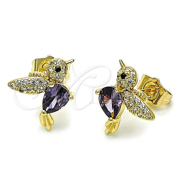 Oro Laminado Stud Earring, Gold Filled Style Bird Design, with Amethyst Cubic Zirconia and White Micro Pave, Polished, Golden Finish, 02.210.0404.5