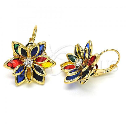 Oro Laminado Leverback Earring, Gold Filled Style Flower Design, with Multicolor Crystal, Polished, Golden Finish, 02.64.0638.5