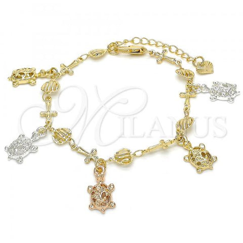 Oro Laminado Charm Bracelet, Gold Filled Style Turtle and Cross Design, Polished, Tricolor, 03.351.0016.07