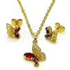 Oro Laminado Earring and Pendant Adult Set, Gold Filled Style Butterfly and Rolo Design, with Garnet Cubic Zirconia, Polished, Golden Finish, 10.196.0164