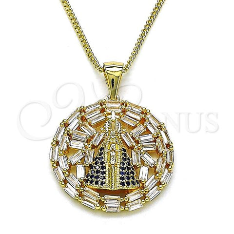 Oro Laminado Pendant Necklace, Gold Filled Style Caridad del Cobre and Baguette Design, with White Cubic Zirconia and Sapphire Blue Micro Pave, Polished, Golden Finish, 04.195.0069.18