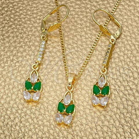 Oro Laminado Earring and Pendant Adult Set, Gold Filled Style Teardrop Design, with Green and White Cubic Zirconia, Polished, Golden Finish, 10.210.0085