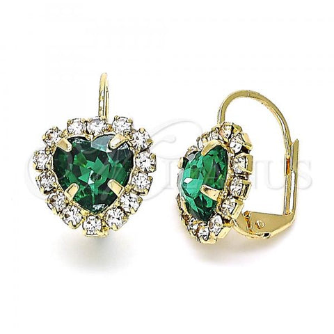 Oro Laminado Leverback Earring, Gold Filled Style Heart Design, with Green and White Crystal, Polished, Golden Finish, 02.122.0111.4