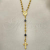Oro Laminado Thin Rosary, Gold Filled Style Caridad del Cobre and Crucifix Design, with Black Azavache, Polished, Golden Finish, 09.09.0007.18