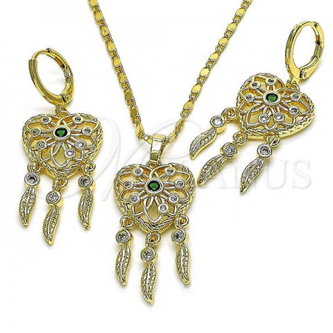 Oro Laminado Earring and Pendant Adult Set, Gold Filled Style Heart and Leaf Design, with Green and White Cubic Zirconia, Polished, Golden Finish, 10.196.0023