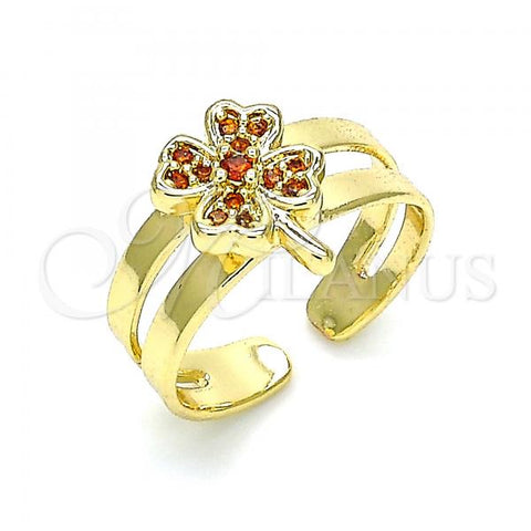 Oro Laminado Baby Ring, Gold Filled Style Four-leaf Clover Design, with Garnet Micro Pave, Polished, Golden Finish, 01.233.0018.1 (One size fits all)