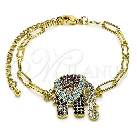 Oro Laminado Fancy Bracelet, Gold Filled Style Paperclip and Elephant Design, with Multicolor Micro Pave, Polished, Golden Finish, 03.316.0078.07