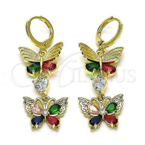 Oro Laminado Long Earring, Gold Filled Style Butterfly and Heart Design, with Multicolor Cubic Zirconia, Polished, Golden Finish, 02.196.0096.1