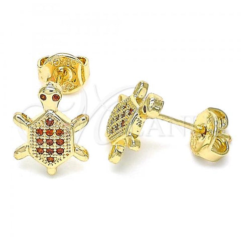 Oro Laminado Stud Earring, Gold Filled Style Turtle Design, with Garnet Micro Pave, Polished, Golden Finish, 02.156.0436