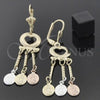 Oro Laminado Chandelier Earring, Gold Filled Style Guadalupe and Heart Design, Diamond Cutting Finish, Tricolor, 59.006