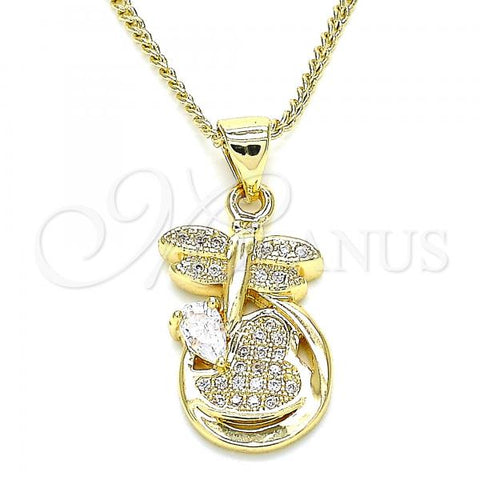 Oro Laminado Pendant Necklace, Gold Filled Style Dragon-Fly and Heart Design, with White Micro Pave, Polished, Golden Finish, 04.156.0330.20