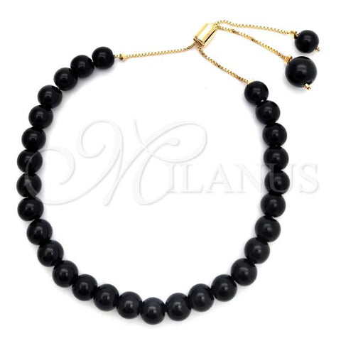 Oro Laminado Adjustable Bolo Bracelet, Gold Filled Style Ball and Box Design, with Black Azavache, Polished, Golden Finish, 03.32.0559