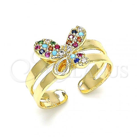 Oro Laminado Baby Ring, Gold Filled Style Butterfly Design, with Multicolor Micro Pave, Polished, Golden Finish, 01.233.0017.2 (One size fits all)