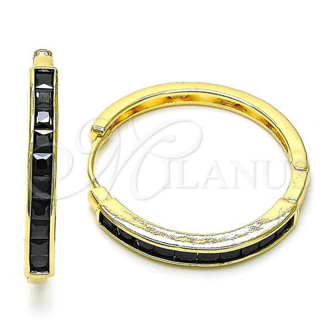 Oro Laminado Huggie Hoop, Gold Filled Style Baguette Design, with Black Cubic Zirconia, Polished, Golden Finish, 02.210.0106.13.35