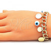 Oro Laminado Charm Bracelet, Gold Filled Style Evil Eye Design, White Resin Finish, Golden Finish, 03.331.0185.08