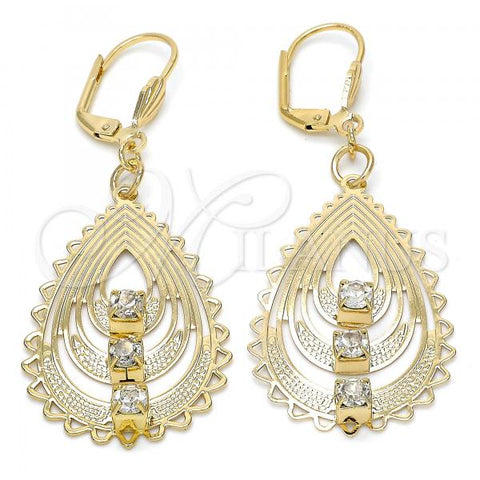 Oro Laminado Dangle Earring, Gold Filled Style Teardrop Design, with White Crystal, Polished, Golden Finish, 61.002