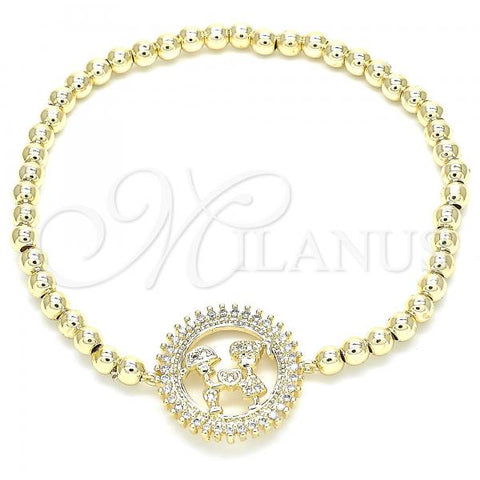 Oro Laminado Fancy Bracelet, Gold Filled Style Expandable Bead and Little Boy Design, with White Cubic Zirconia, Polished, Golden Finish, 03.299.0036.07