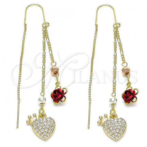 Oro Laminado Threader Earring, Gold Filled Style Heart and Crown Design, with White Micro Pave, Polished, Tricolor, 02.253.0016