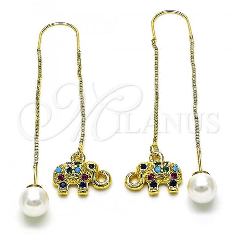 Oro Laminado Threader Earring, Gold Filled Style Elephant Design, with Multicolor and Black Micro Pave, Polished, Golden Finish, 02.210.0817