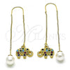 Oro Laminado Threader Earring, Gold Filled Style Elephant Design, with Multicolor and Black Micro Pave, Polished, Golden Finish, 02.210.0817