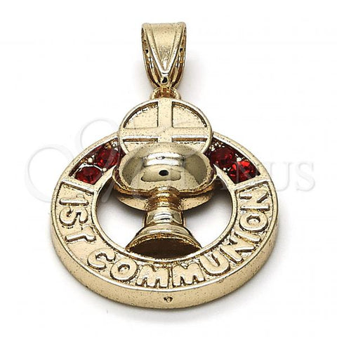 Oro Laminado Religious Pendant, Gold Filled Style Cross Design, with Garnet Crystal, Polished, Golden Finish, 05.253.0022