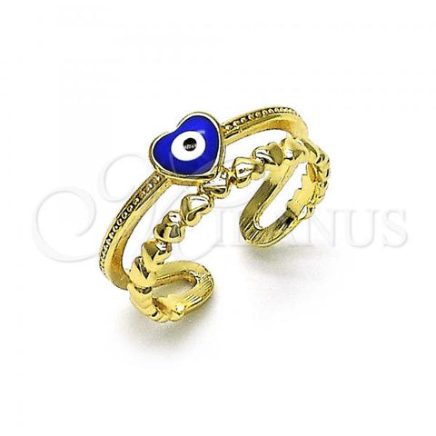 Oro Laminado Elegant Ring, Gold Filled Style Evil Eye and Heart Design, Blue Enamel Finish, Golden Finish, 01.213.0017