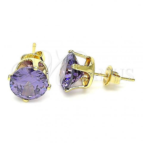Oro Laminado Stud Earring, Gold Filled Style with Amethyst Cubic Zirconia, Polished, Golden Finish, 5.128.021.4