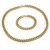 Stainless Steel Necklace and Bracelet, Miami Cuban Design, Polished, Golden Finish, 06.116.0032.1