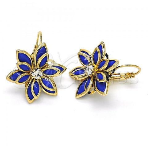 Oro Laminado Leverback Earring, Gold Filled Style Flower Design, with Sapphire Blue and White Crystal, Polished, Golden Finish, 02.64.0638.1