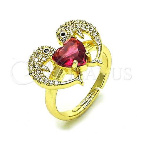 Oro Laminado Multi Stone Ring, Gold Filled Style Dolphin and Heart Design, with Ruby Cubic Zirconia and White Micro Pave, Polished, Golden Finish, 01.196.0002.1