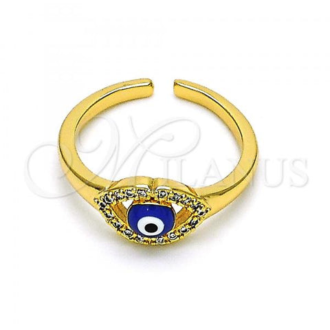 Oro Laminado Multi Stone Ring, Gold Filled Style Evil Eye Design, with White Micro Pave, Blue Enamel Finish, Golden Finish, 01.310.0015