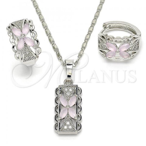 Rhodium Plated Earring and Pendant Adult Set, Flower Design, with Pink and White Cubic Zirconia, Polished, Rhodium Finish, 10.210.0062.11