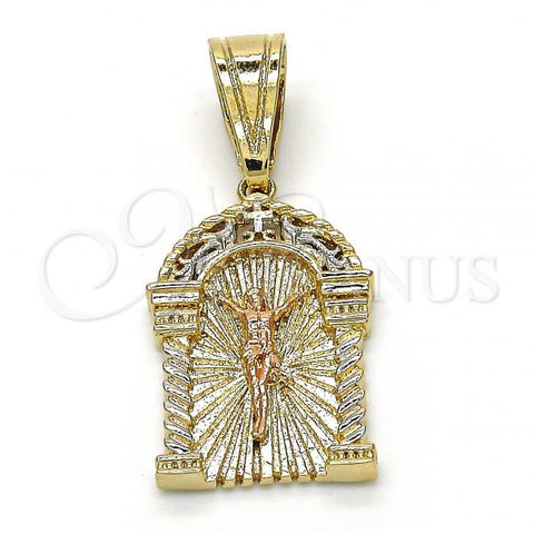 Oro Laminado Religious Pendant, Gold Filled Style Jesus and Peacock Design, Polished, Tricolor, 05.120.0071.1
