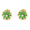 Oro Laminado Stud Earring, Gold Filled Style Flower Design, with Green and White Cubic Zirconia, Polished, Golden Finish, 02.310.0023