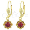 Oro Laminado Dangle Earring, Gold Filled Style Flower Design, with Garnet Cubic Zirconia, Polished, Golden Finish, 02.63.2448.1