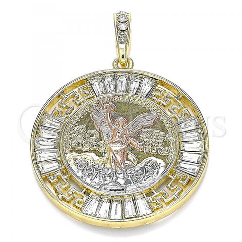 Oro Laminado Religious Pendant, Gold Filled Style Centenario Coin and Angel Design, with White Crystal, Polished, Golden Finish, 05.380.0026