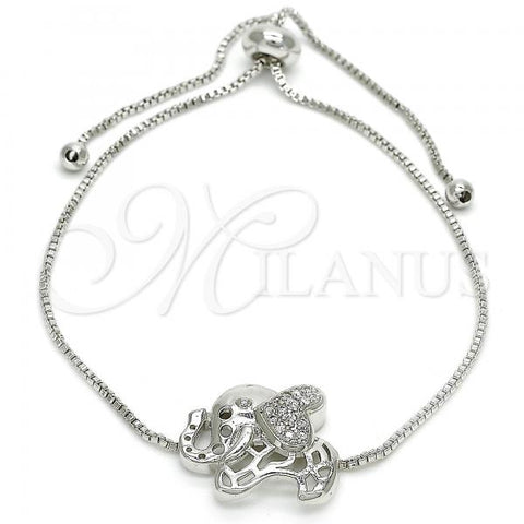 Rhodium Plated Adjustable Bolo Bracelet, Elephant Design, with White Cubic Zirconia, Polished, Rhodium Finish, 03.155.0042.1.11