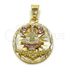 Oro Laminado Religious Pendant, Gold Filled Style Caridad del Cobre Design, Diamond Cutting Finish, Tricolor, 05.120.0103