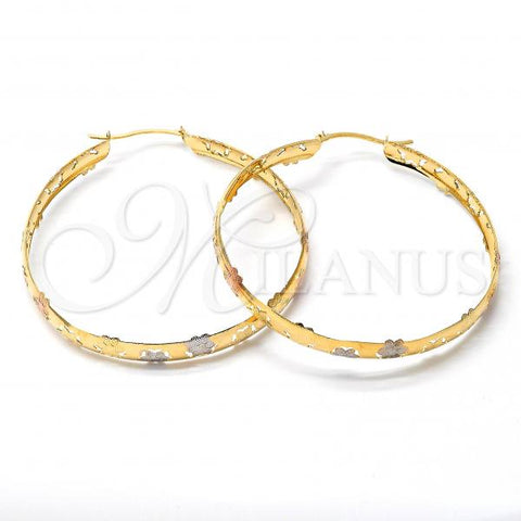 Oro Laminado Large Hoop, Gold Filled Style Flower and Heart Design, Diamond Cutting Finish, Tricolor, 02.32.0277