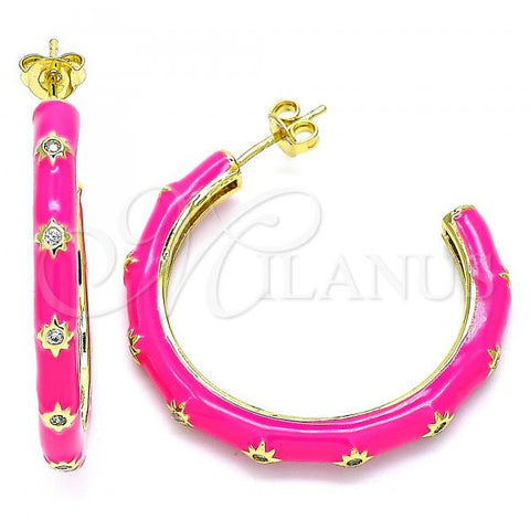 Oro Laminado Stud Earring, Gold Filled Style Star Design, with White Cubic Zirconia, Dark Pink Enamel Finish, Golden Finish, 02.362.0005.2